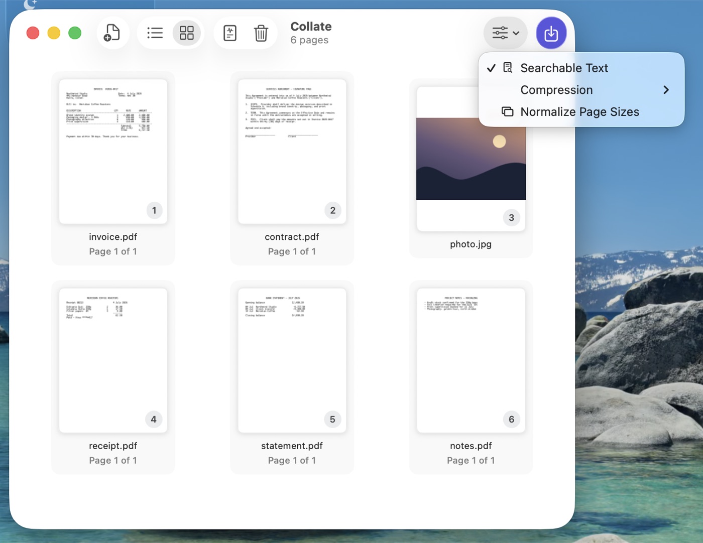 Collate&rsquo;s export options menu, showing Searchable Text, Compression and Normalize Page Sizes