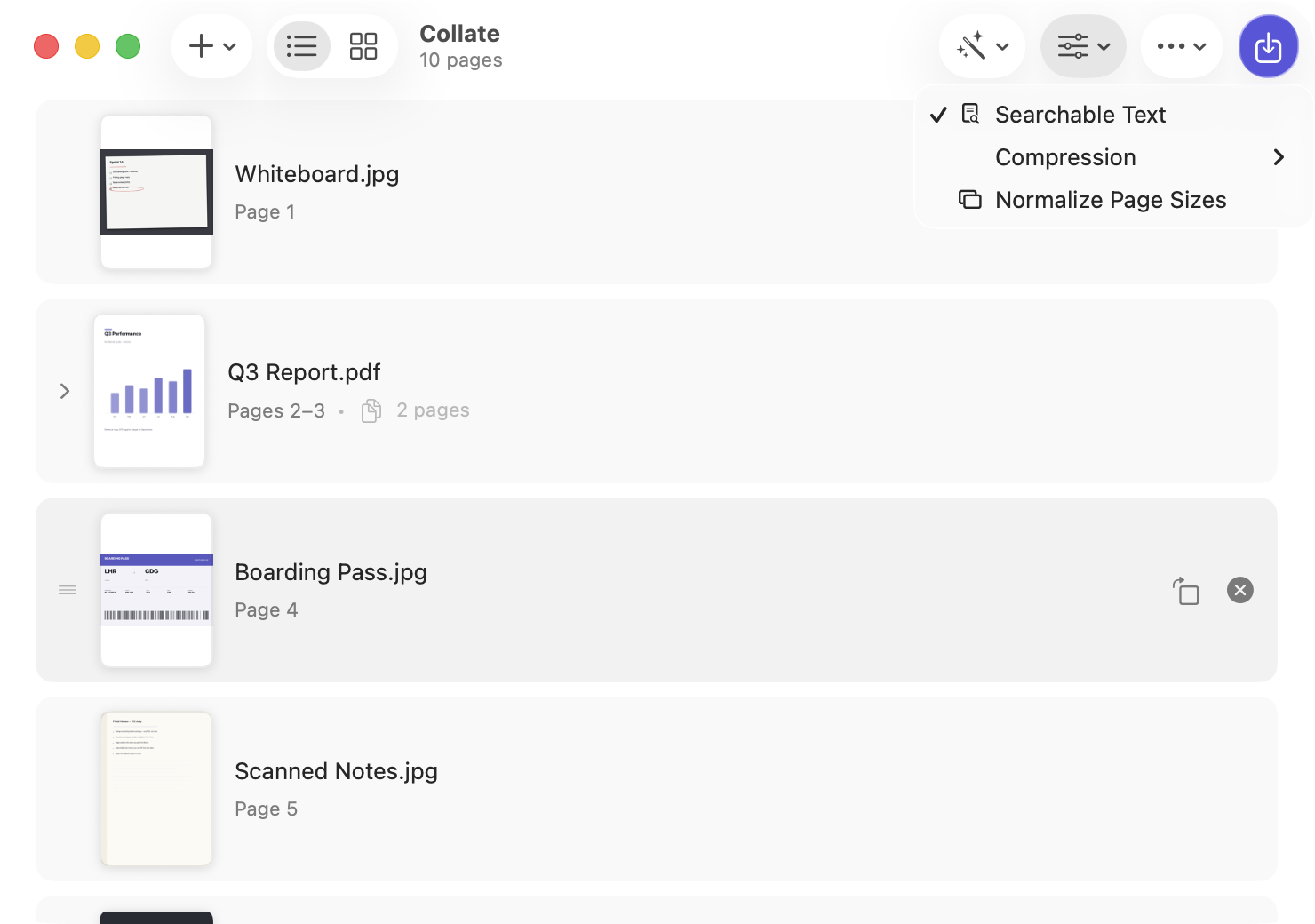 Collate's export options menu on macOS, showing Searchable Text, Compression and Normalize Page Sizes.