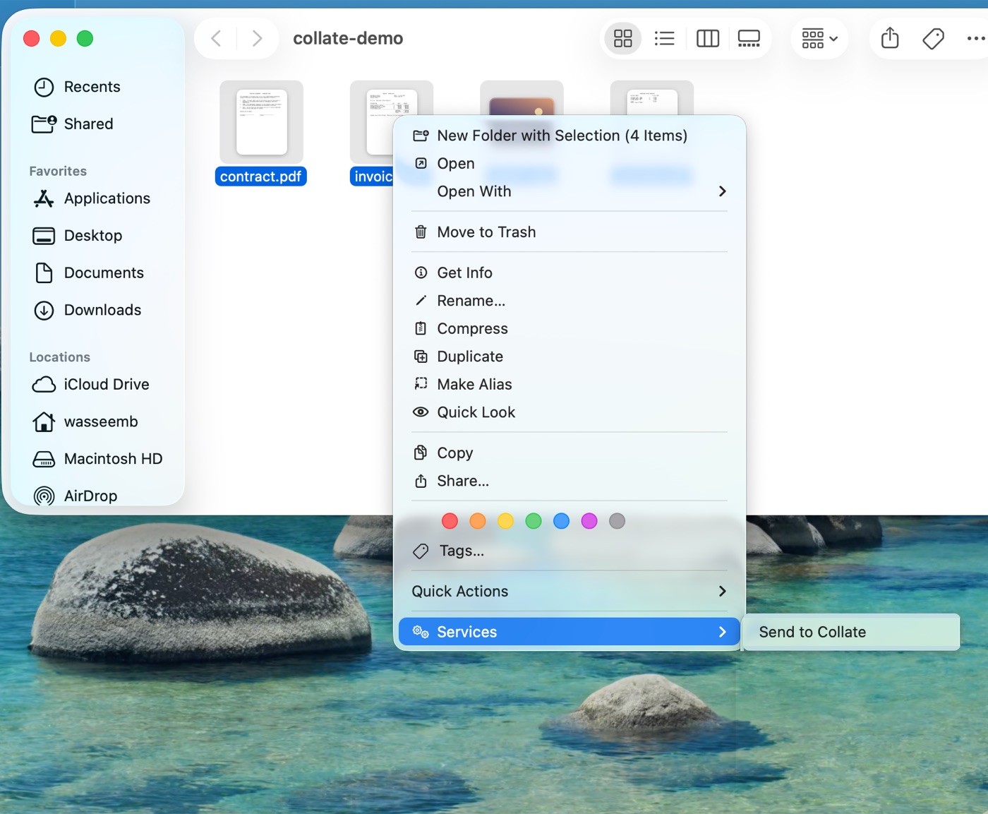 Finder&rsquo;s right-click Services menu showing the Send to Collate entry