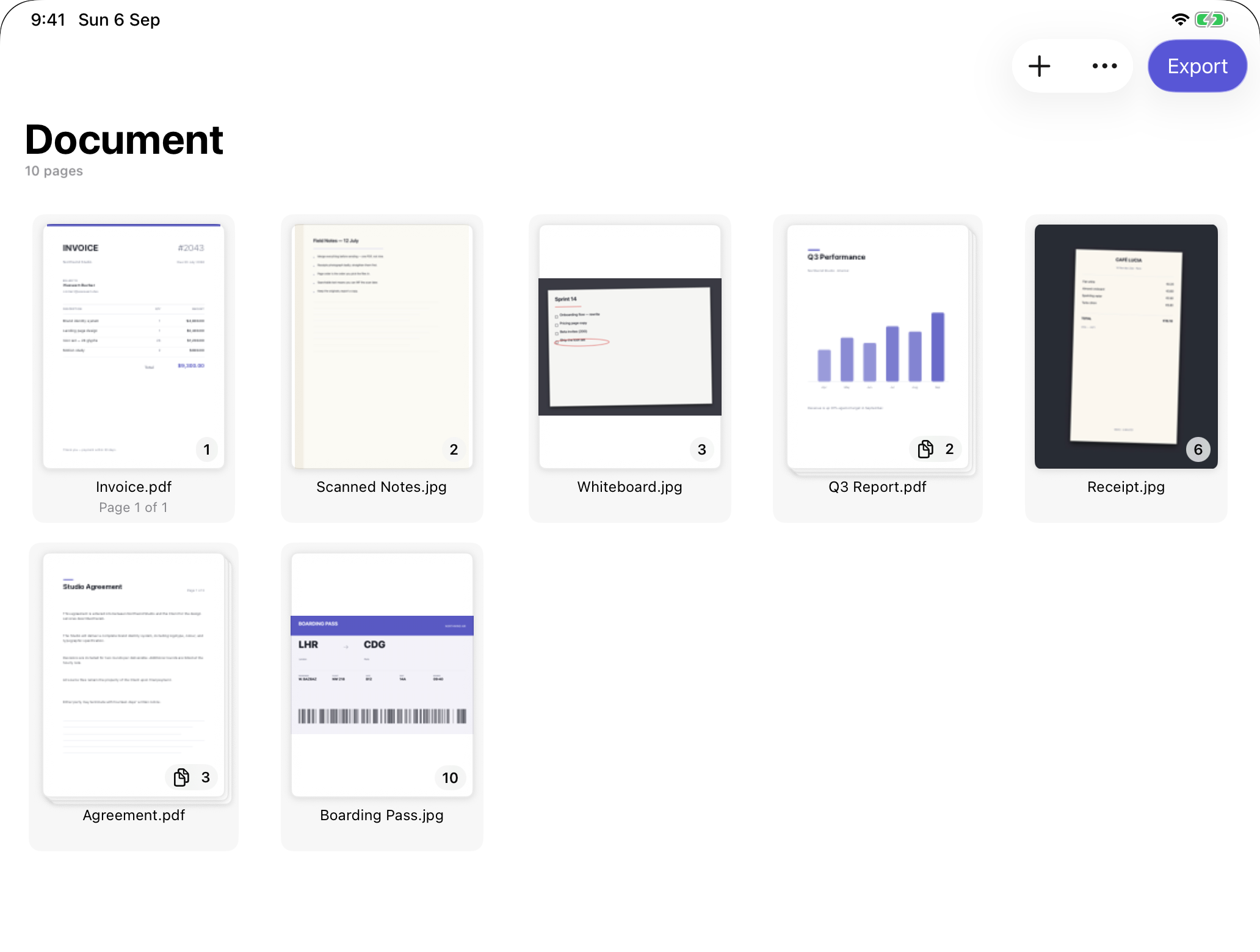 Collate on iPad, showing the same seven files as thumbnails with page-count badges on the multi-page PDFs.