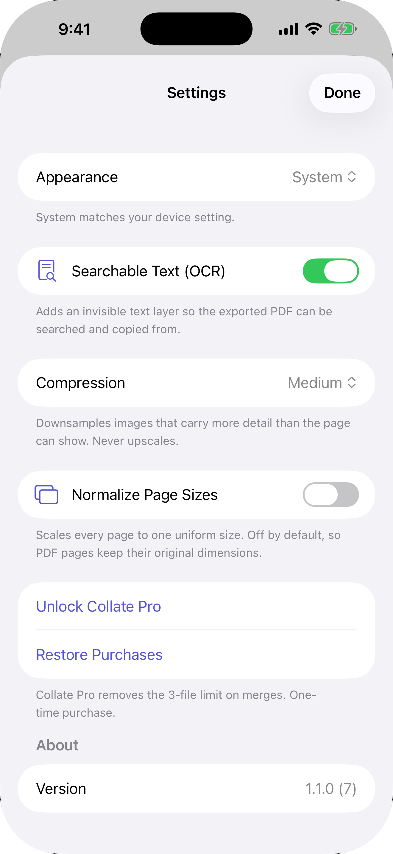 Collate's settings on iPhone, showing Searchable Text, Compression, Normalize Page Sizes, and Unlock Collate Pro with Restore Purchases.