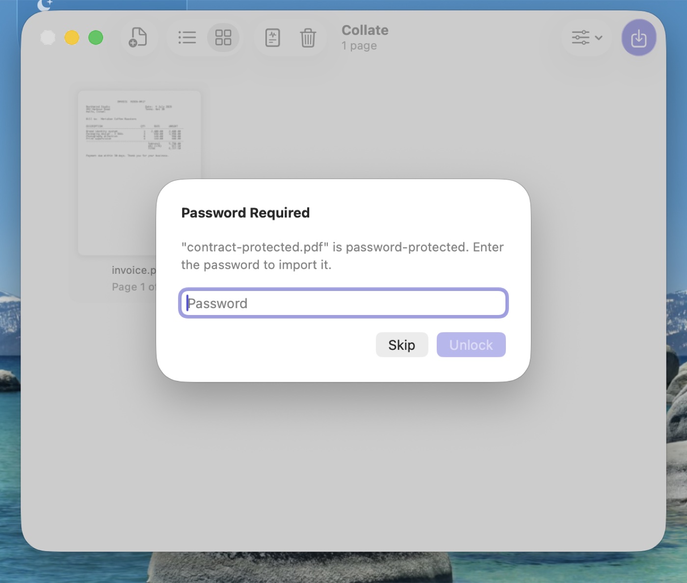 Collate asking for the password to a protected PDF, with Skip and Unlock buttons